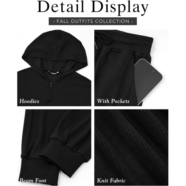 imageBTFBM Womens Two Piece Tracksuit Fall Long Sleeve Zip Up Hoodie Sweatshirt Long Pants Drawstring Outfits Jogger SetsSolid Black