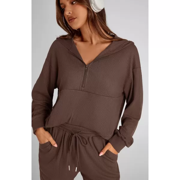 imageBTFBM Womens Two Piece Tracksuit Fall Long Sleeve Zip Up Hoodie Sweatshirt Long Pants Drawstring Outfits Jogger SetsSolid Coffee