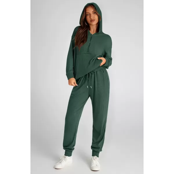 imageBTFBM Womens Two Piece Tracksuit Fall Long Sleeve Zip Up Hoodie Sweatshirt Long Pants Drawstring Outfits Jogger SetsSolid Dark Green