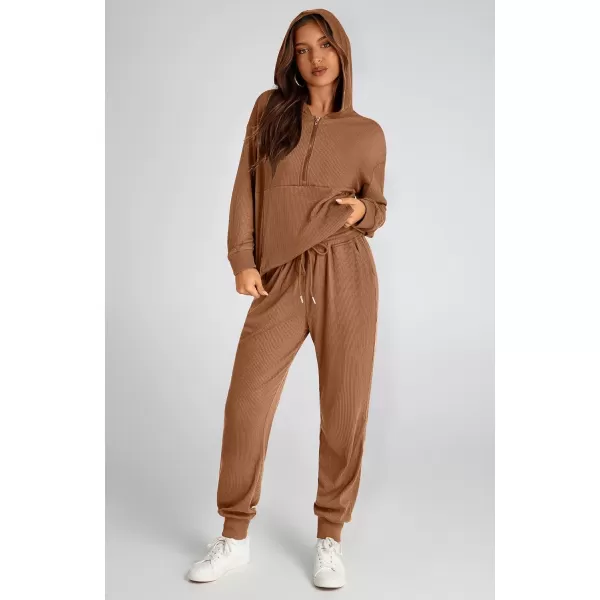imageBTFBM Womens Two Piece Tracksuit Fall Long Sleeve Zip Up Hoodie Sweatshirt Long Pants Drawstring Outfits Jogger SetsSolid Dark Khaki