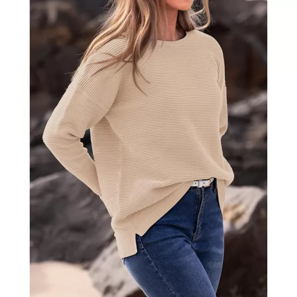 imageBTFBM Casual Women 2024 Fall Sweater Long Sleeve Ribbed Knit Pullover Loose Crewneck Batwing Split SweaterSolid Apricot