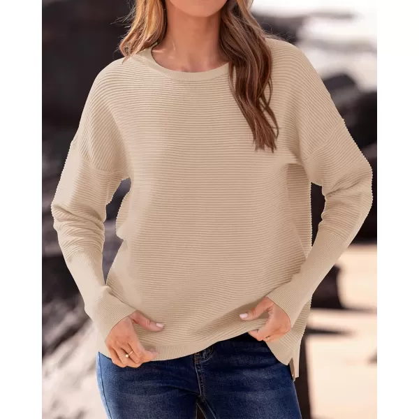 imageBTFBM Casual Women 2024 Fall Sweater Long Sleeve Ribbed Knit Pullover Loose Crewneck Batwing Split SweaterSolid Apricot