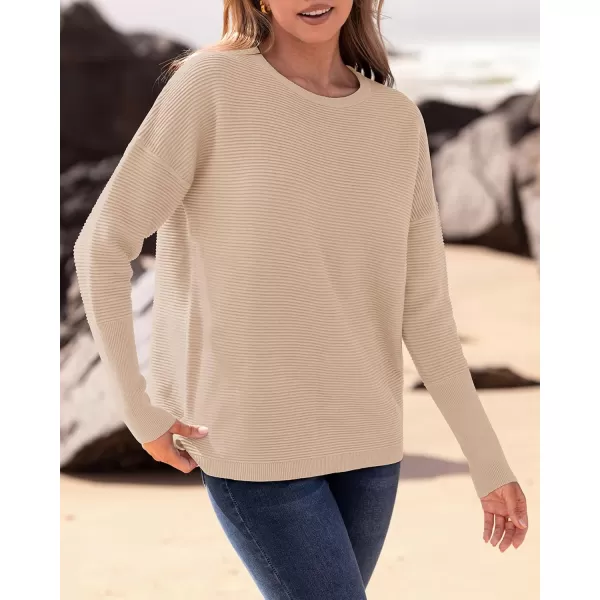 imageBTFBM Casual Women 2024 Fall Sweater Long Sleeve Ribbed Knit Pullover Loose Crewneck Batwing Split SweaterSolid Apricot