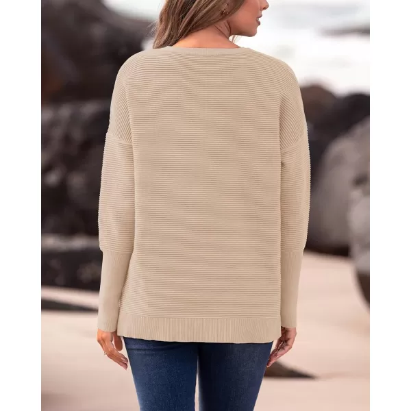 imageBTFBM Casual Women 2024 Fall Sweater Long Sleeve Ribbed Knit Pullover Loose Crewneck Batwing Split SweaterSolid Apricot