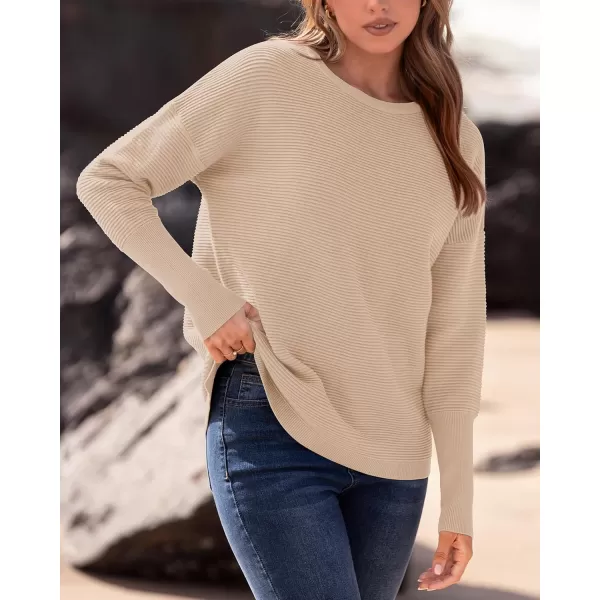 imageBTFBM Casual Women 2024 Fall Sweater Long Sleeve Ribbed Knit Pullover Loose Crewneck Batwing Split SweaterSolid Apricot