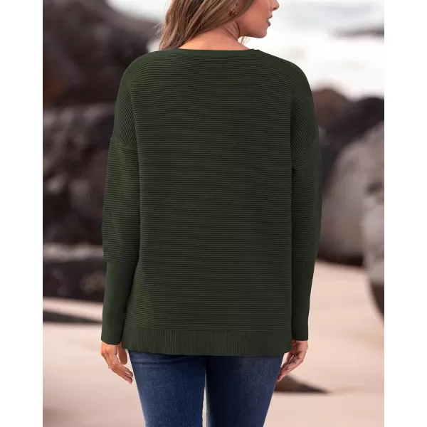imageBTFBM Casual Women 2024 Fall Sweater Long Sleeve Ribbed Knit Pullover Loose Crewneck Batwing Split SweaterSolid Army Green