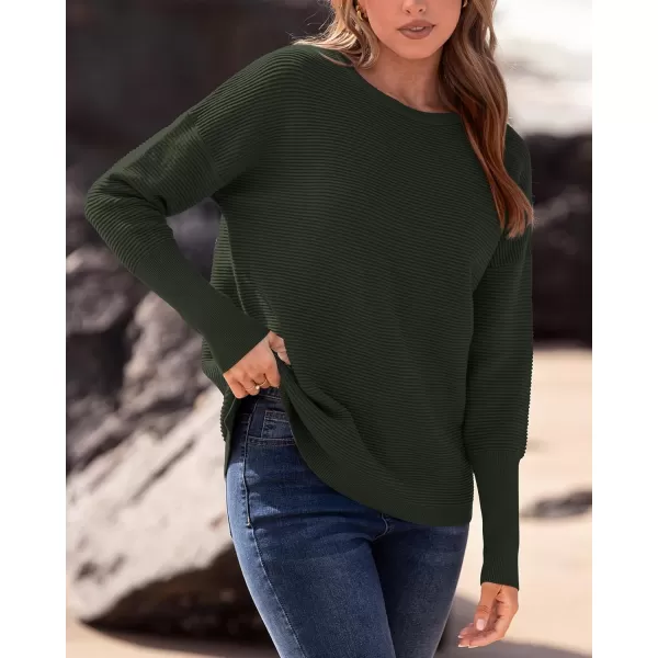 imageBTFBM Casual Women 2024 Fall Sweater Long Sleeve Ribbed Knit Pullover Loose Crewneck Batwing Split SweaterSolid Army Green
