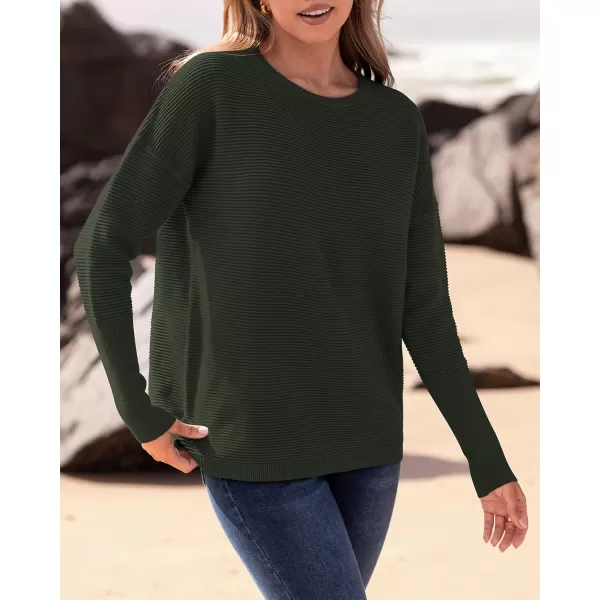 imageBTFBM Casual Women 2024 Fall Sweater Long Sleeve Ribbed Knit Pullover Loose Crewneck Batwing Split SweaterSolid Army Green