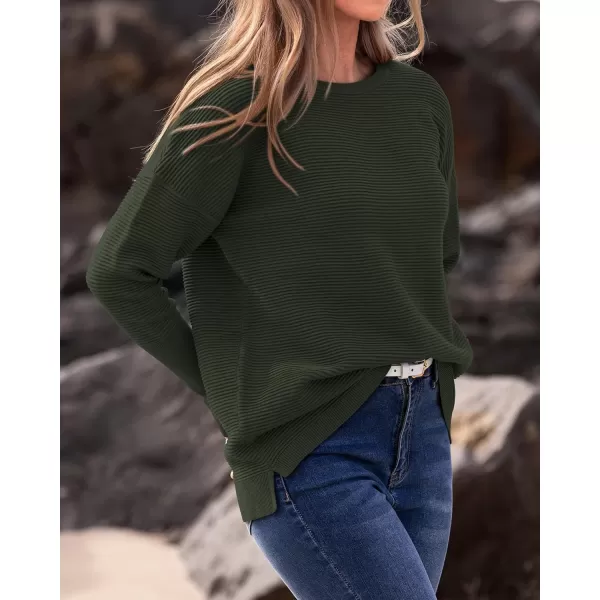 imageBTFBM Casual Women 2024 Fall Sweater Long Sleeve Ribbed Knit Pullover Loose Crewneck Batwing Split SweaterSolid Army Green
