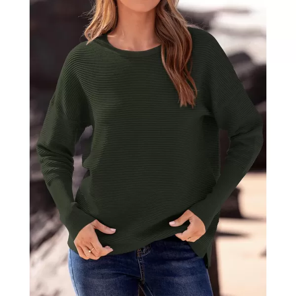 imageBTFBM Casual Women 2024 Fall Sweater Long Sleeve Ribbed Knit Pullover Loose Crewneck Batwing Split SweaterSolid Army Green