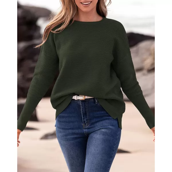 imageBTFBM Casual Women 2024 Fall Sweater Long Sleeve Ribbed Knit Pullover Loose Crewneck Batwing Split SweaterSolid Army Green