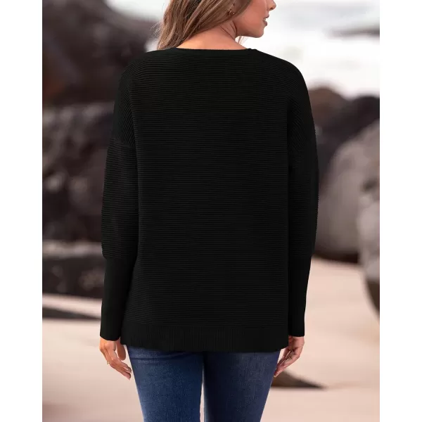 imageBTFBM Casual Women 2024 Fall Sweater Long Sleeve Ribbed Knit Pullover Loose Crewneck Batwing Split SweaterSolid Black