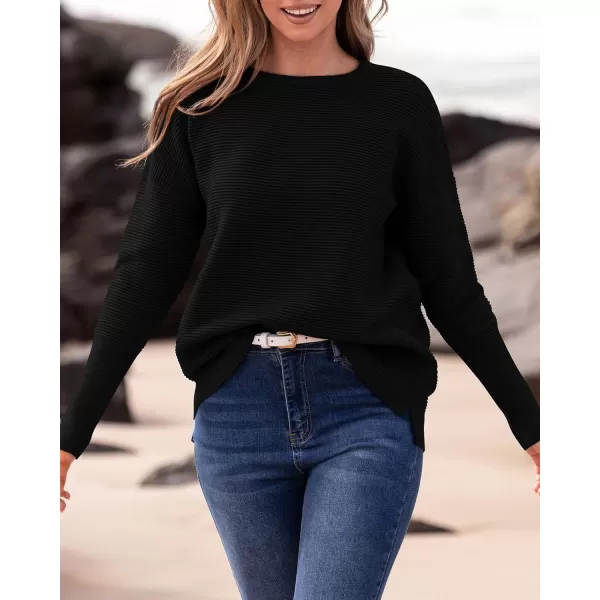imageBTFBM Casual Women 2024 Fall Sweater Long Sleeve Ribbed Knit Pullover Loose Crewneck Batwing Split SweaterSolid Black