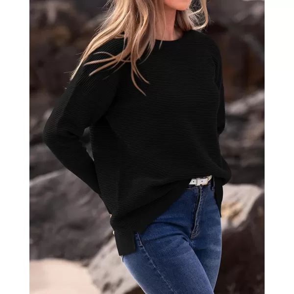 imageBTFBM Casual Women 2024 Fall Sweater Long Sleeve Ribbed Knit Pullover Loose Crewneck Batwing Split SweaterSolid Black