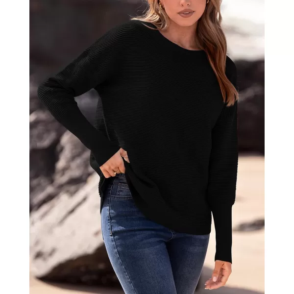 imageBTFBM Casual Women 2024 Fall Sweater Long Sleeve Ribbed Knit Pullover Loose Crewneck Batwing Split SweaterSolid Black