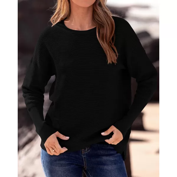 imageBTFBM Casual Women 2024 Fall Sweater Long Sleeve Ribbed Knit Pullover Loose Crewneck Batwing Split SweaterSolid Black