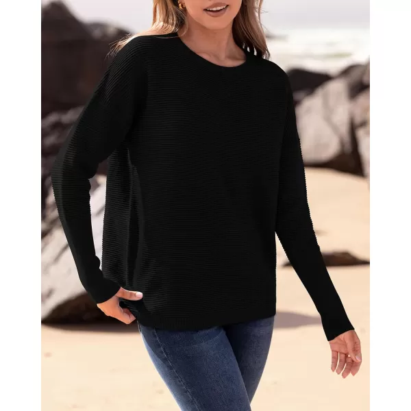 imageBTFBM Casual Women 2024 Fall Sweater Long Sleeve Ribbed Knit Pullover Loose Crewneck Batwing Split SweaterSolid Black