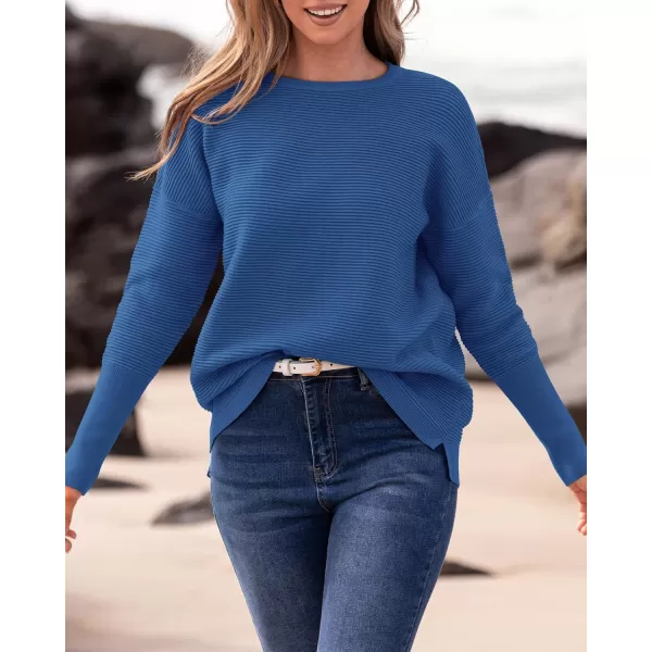 imageBTFBM Casual Women 2024 Fall Sweater Long Sleeve Ribbed Knit Pullover Loose Crewneck Batwing Split SweaterSolid Blue