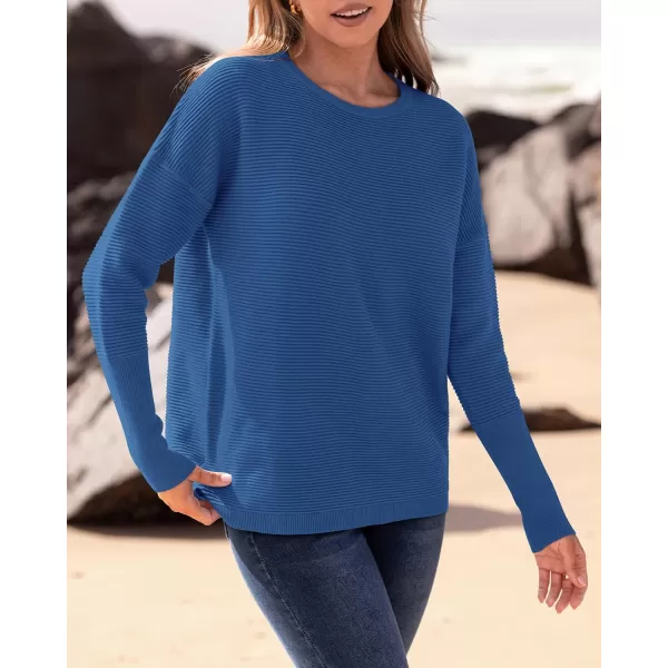 imageBTFBM Casual Women 2024 Fall Sweater Long Sleeve Ribbed Knit Pullover Loose Crewneck Batwing Split SweaterSolid Blue