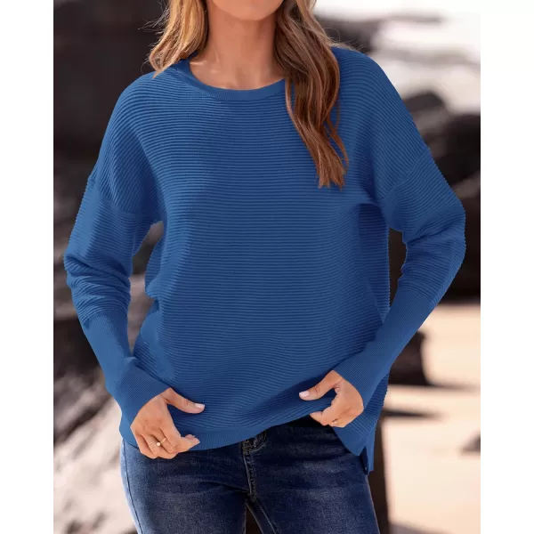 imageBTFBM Casual Women 2024 Fall Sweater Long Sleeve Ribbed Knit Pullover Loose Crewneck Batwing Split SweaterSolid Blue