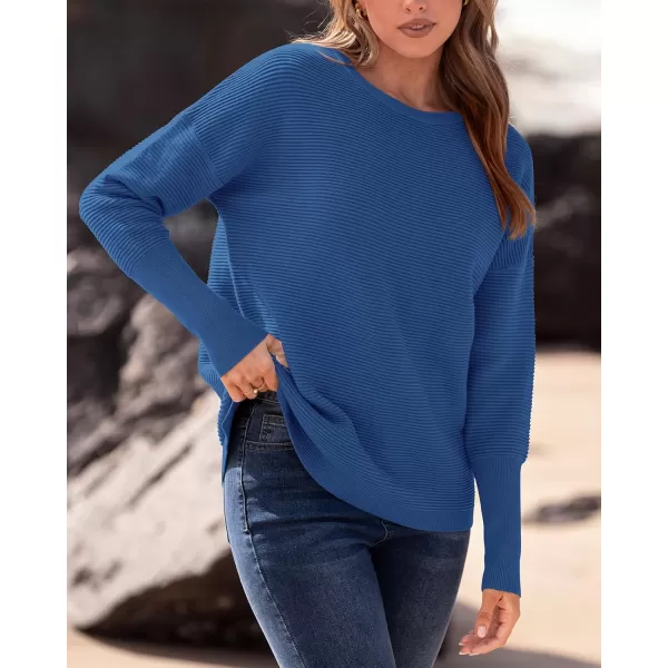 imageBTFBM Casual Women 2024 Fall Sweater Long Sleeve Ribbed Knit Pullover Loose Crewneck Batwing Split SweaterSolid Blue