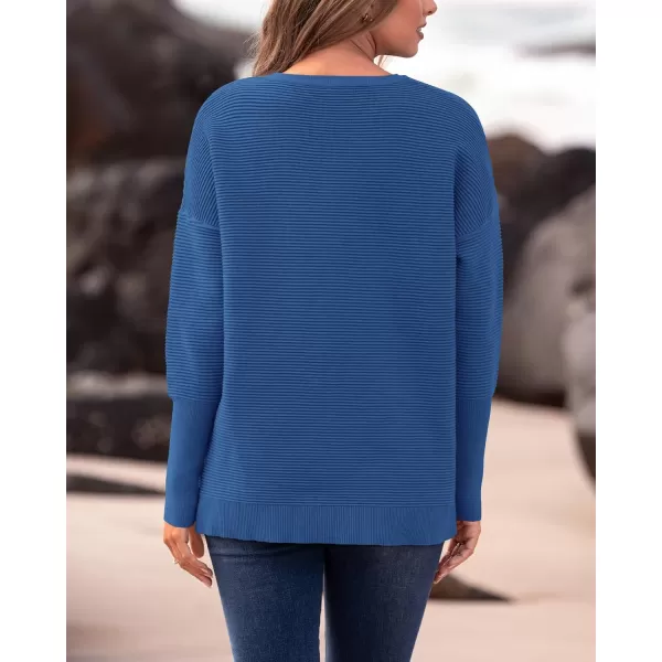 imageBTFBM Casual Women 2024 Fall Sweater Long Sleeve Ribbed Knit Pullover Loose Crewneck Batwing Split SweaterSolid Blue