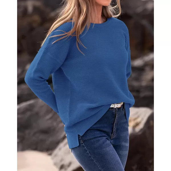 imageBTFBM Casual Women 2024 Fall Sweater Long Sleeve Ribbed Knit Pullover Loose Crewneck Batwing Split SweaterSolid Blue