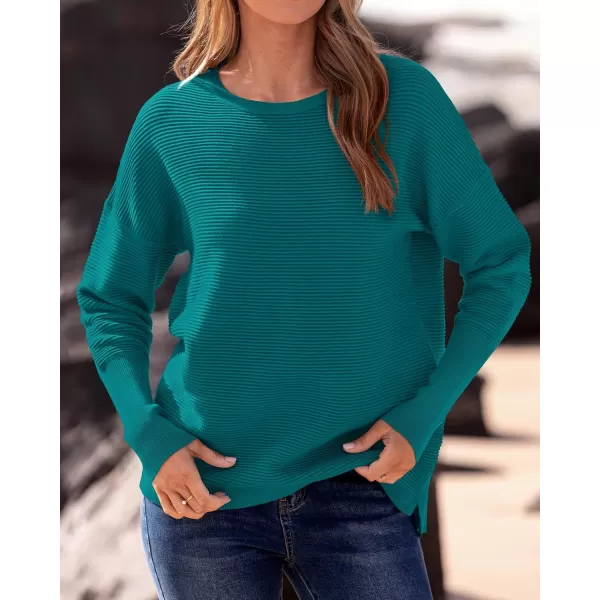 imageBTFBM Casual Women 2024 Fall Sweater Long Sleeve Ribbed Knit Pullover Loose Crewneck Batwing Split SweaterSolid Blue Green