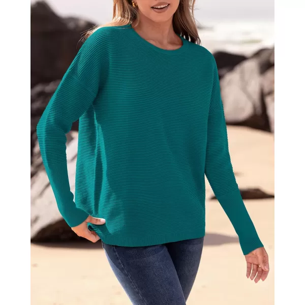 imageBTFBM Casual Women 2024 Fall Sweater Long Sleeve Ribbed Knit Pullover Loose Crewneck Batwing Split SweaterSolid Blue Green