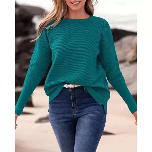 imageBTFBM Casual Women 2024 Fall Sweater Long Sleeve Ribbed Knit Pullover Loose Crewneck Batwing Split SweaterSolid Blue Green