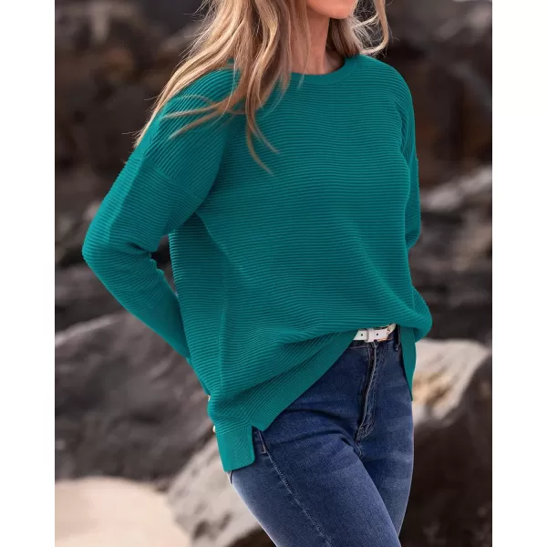 imageBTFBM Casual Women 2024 Fall Sweater Long Sleeve Ribbed Knit Pullover Loose Crewneck Batwing Split SweaterSolid Blue Green