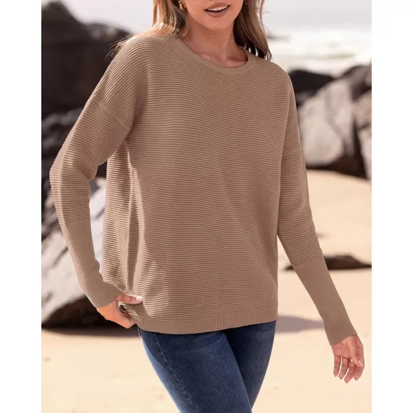 imageBTFBM Casual Women 2024 Fall Sweater Long Sleeve Ribbed Knit Pullover Loose Crewneck Batwing Split SweaterSolid Camel