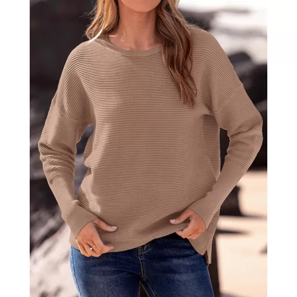 imageBTFBM Casual Women 2024 Fall Sweater Long Sleeve Ribbed Knit Pullover Loose Crewneck Batwing Split SweaterSolid Camel