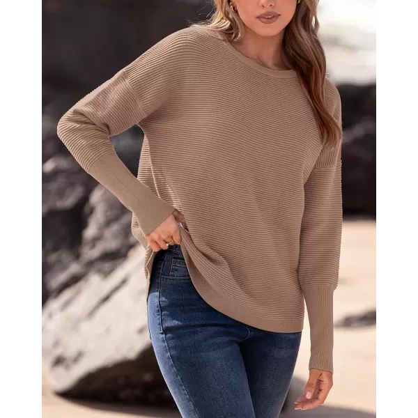 imageBTFBM Casual Women 2024 Fall Sweater Long Sleeve Ribbed Knit Pullover Loose Crewneck Batwing Split SweaterSolid Camel