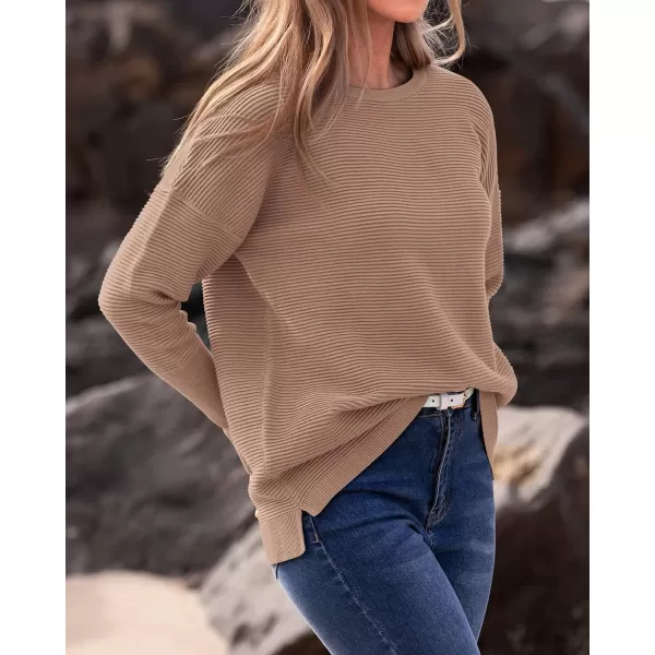 imageBTFBM Casual Women 2024 Fall Sweater Long Sleeve Ribbed Knit Pullover Loose Crewneck Batwing Split SweaterSolid Camel