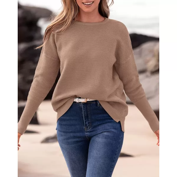 imageBTFBM Casual Women 2024 Fall Sweater Long Sleeve Ribbed Knit Pullover Loose Crewneck Batwing Split SweaterSolid Camel