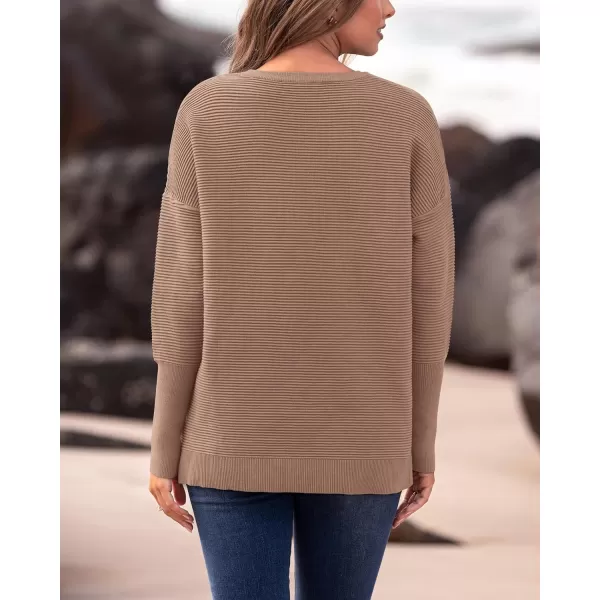 imageBTFBM Casual Women 2024 Fall Sweater Long Sleeve Ribbed Knit Pullover Loose Crewneck Batwing Split SweaterSolid Camel