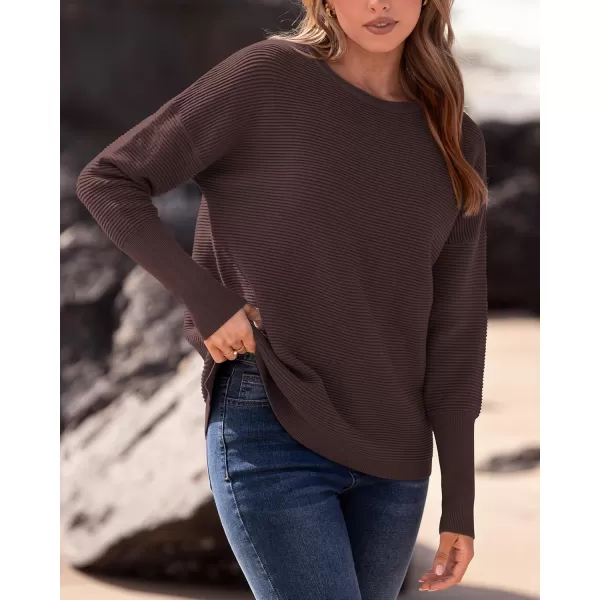 imageBTFBM Casual Women 2024 Fall Sweater Long Sleeve Ribbed Knit Pullover Loose Crewneck Batwing Split SweaterSolid Coffee