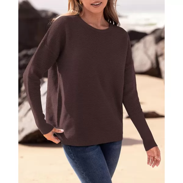 imageBTFBM Casual Women 2024 Fall Sweater Long Sleeve Ribbed Knit Pullover Loose Crewneck Batwing Split SweaterSolid Coffee