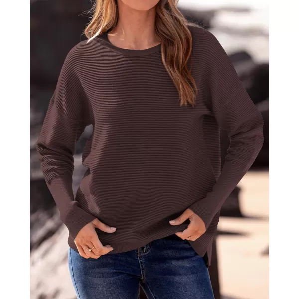 imageBTFBM Casual Women 2024 Fall Sweater Long Sleeve Ribbed Knit Pullover Loose Crewneck Batwing Split SweaterSolid Coffee