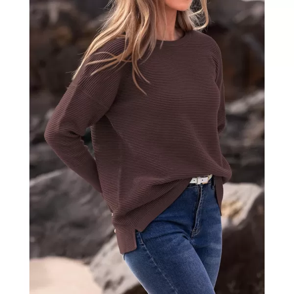 imageBTFBM Casual Women 2024 Fall Sweater Long Sleeve Ribbed Knit Pullover Loose Crewneck Batwing Split SweaterSolid Coffee