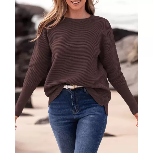 imageBTFBM Casual Women 2024 Fall Sweater Long Sleeve Ribbed Knit Pullover Loose Crewneck Batwing Split SweaterSolid Coffee