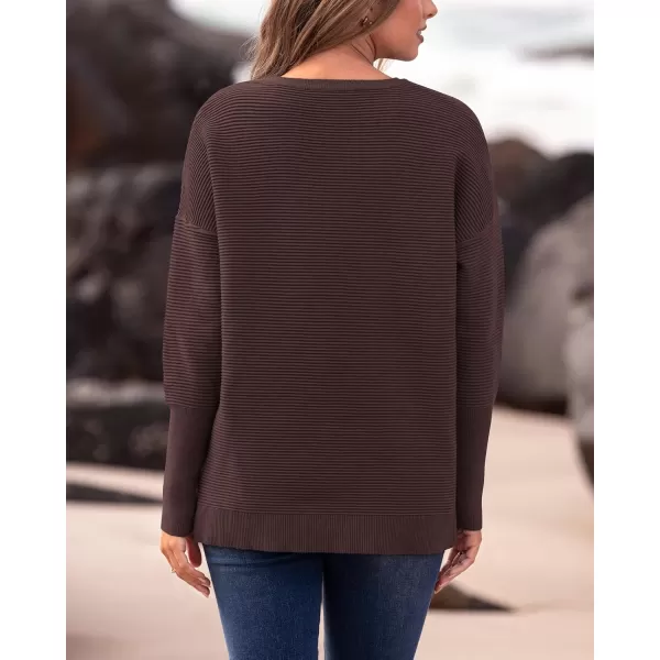 imageBTFBM Casual Women 2024 Fall Sweater Long Sleeve Ribbed Knit Pullover Loose Crewneck Batwing Split SweaterSolid Coffee