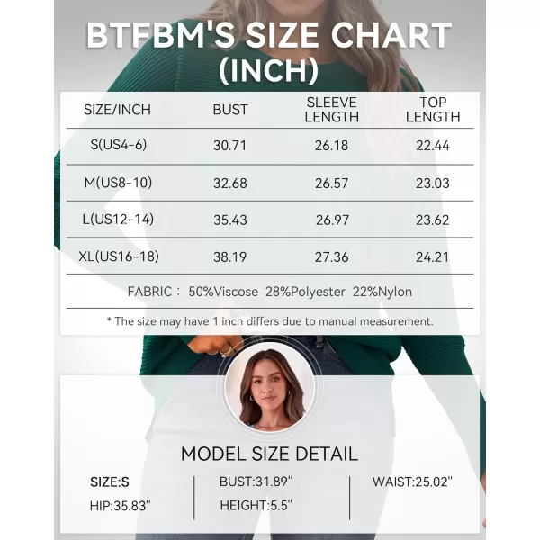 imageBTFBM Casual Women 2024 Fall Sweater Long Sleeve Ribbed Knit Pullover Loose Crewneck Batwing Split SweaterSolid Dark Green
