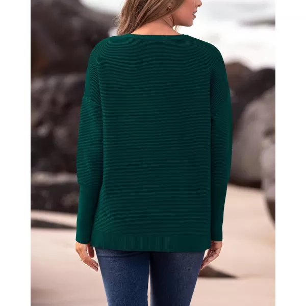 imageBTFBM Casual Women 2024 Fall Sweater Long Sleeve Ribbed Knit Pullover Loose Crewneck Batwing Split SweaterSolid Dark Green