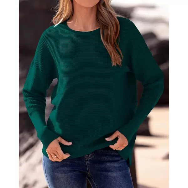 imageBTFBM Casual Women 2024 Fall Sweater Long Sleeve Ribbed Knit Pullover Loose Crewneck Batwing Split SweaterSolid Dark Green