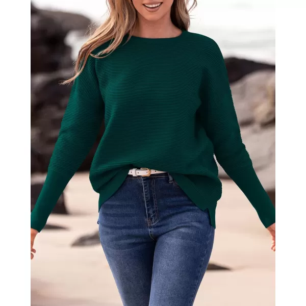 imageBTFBM Casual Women 2024 Fall Sweater Long Sleeve Ribbed Knit Pullover Loose Crewneck Batwing Split SweaterSolid Dark Green