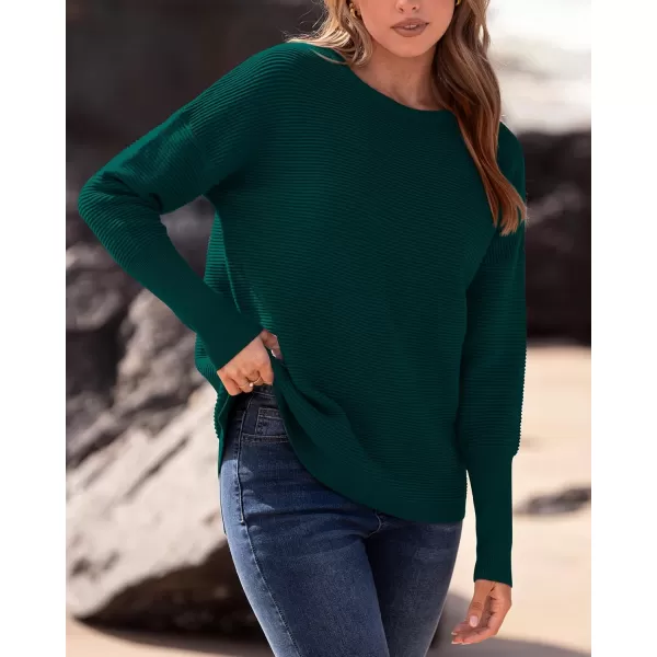 imageBTFBM Casual Women 2024 Fall Sweater Long Sleeve Ribbed Knit Pullover Loose Crewneck Batwing Split SweaterSolid Dark Green