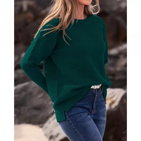 imageBTFBM Casual Women 2024 Fall Sweater Long Sleeve Ribbed Knit Pullover Loose Crewneck Batwing Split SweaterSolid Dark Green
