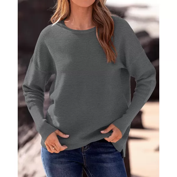 imageBTFBM Casual Women 2024 Fall Sweater Long Sleeve Ribbed Knit Pullover Loose Crewneck Batwing Split SweaterSolid Dark Grey